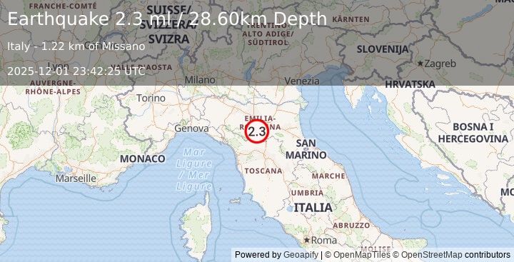 Earthquake NORTHERN ITALY (2.3 ml) (2025-12-01 23:42:27 UTC)