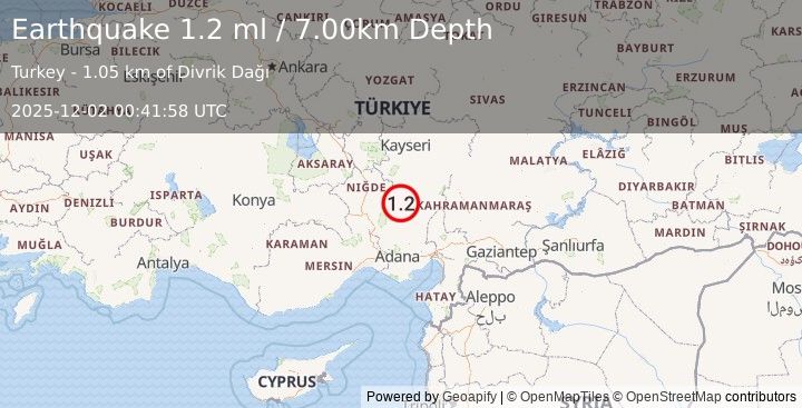 Earthquake EASTERN TURKEY (1.2 ml) (2025-12-02 00:41:56 UTC)