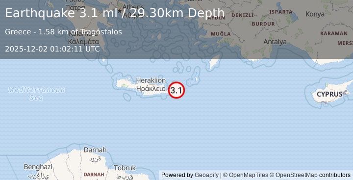 Earthquake CRETE, GREECE (3.2 ml) (2025-12-02 01:02:51 UTC)
