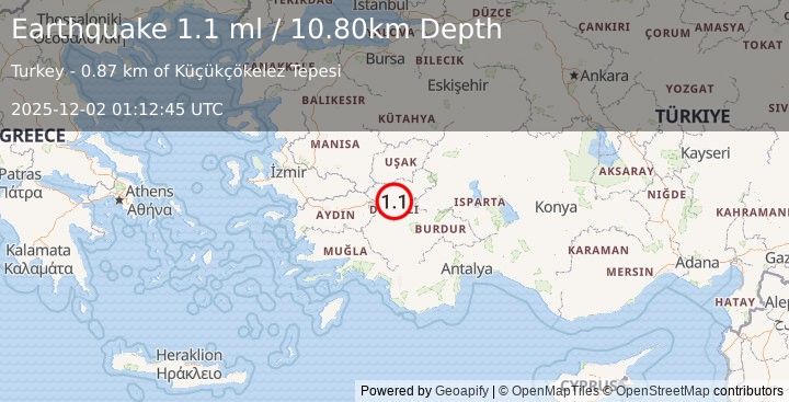 Earthquake WESTERN TURKEY (1.1 ml) (2025-12-02 01:12:45 UTC)