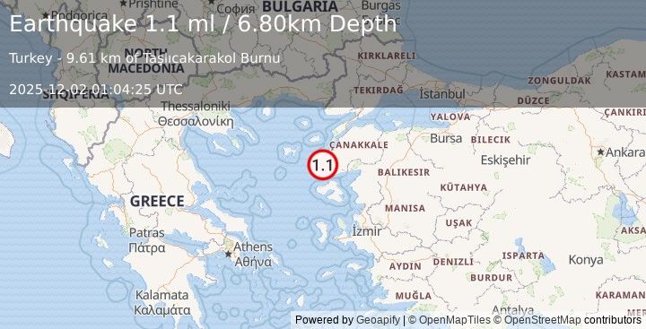 Earthquake NEAR THE COAST OF WESTERN TURKEY (1.1 ml) (2025-12-02 01:04:25 UTC)