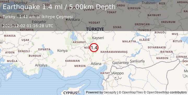 Earthquake CENTRAL TURKEY (1.4 ml) (2025-12-02 01:16:28 UTC)