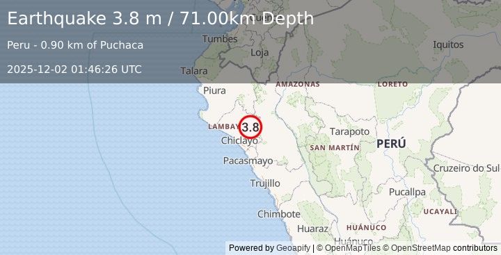 Earthquake NEAR COAST OF NORTHERN PERU (3.8 m) (2025-12-02 01:46:26 UTC)