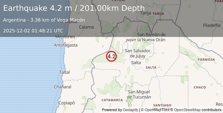 Earthquake SALTA, ARGENTINA (4.2 m) (2025-12-02 01:48:21 UTC)