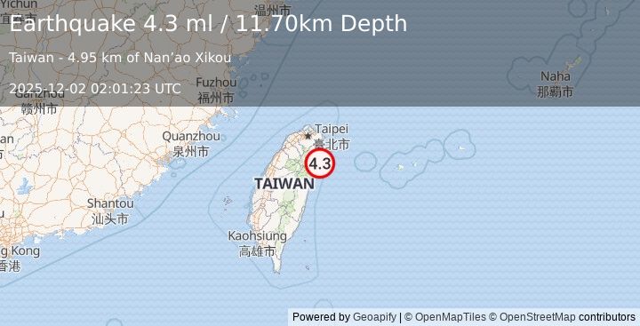 Earthquake TAIWAN (4.3 ml) (2025-12-02 02:01:23 UTC)