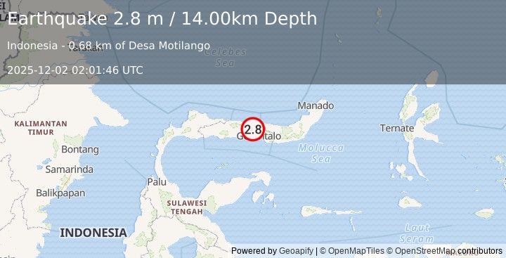 Earthquake MINAHASA, SULAWESI, INDONESIA (2.8 m) (2025-12-02 02:01:46 UTC)