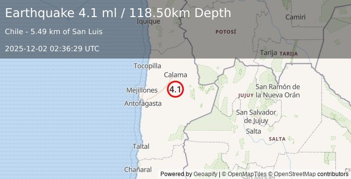 Earthquake ANTOFAGASTA, CHILE (4.1 ml) (2025-12-02 02:36:31 UTC)