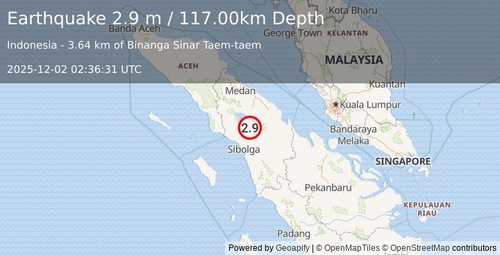 Earthquake NORTHERN SUMATRA, INDONESIA (2.9 m) (2025-12-02 02:36:31 UTC)