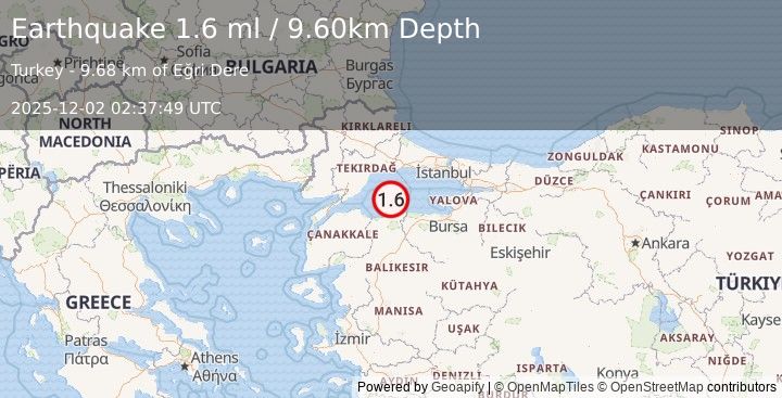 Earthquake WESTERN TURKEY (1.6 ml) (2025-12-02 02:37:49 UTC)