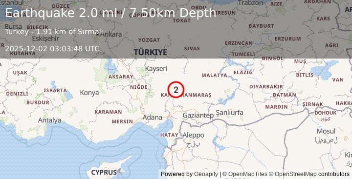Earthquake CENTRAL TURKEY (2.0 ml) (2025-12-02 03:03:48 UTC)