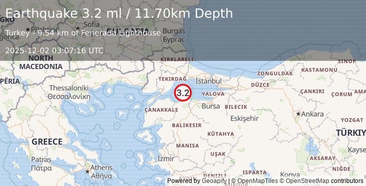 Earthquake WESTERN TURKEY (3.2 ml) (2025-12-02 03:07:16 UTC)