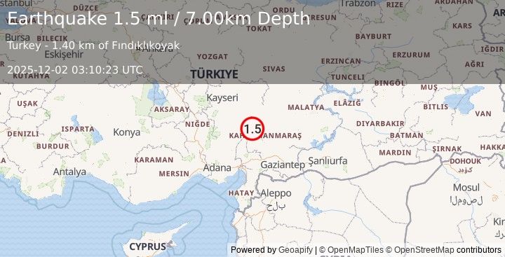 Earthquake CENTRAL TURKEY (1.5 ml) (2025-12-02 03:10:23 UTC)
