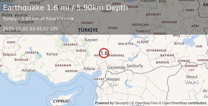 Earthquake CENTRAL TURKEY (1.6 ml) (2025-12-02 03:45:07 UTC)
