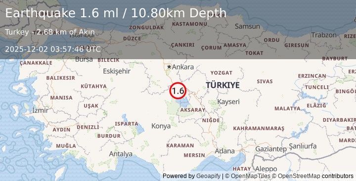Earthquake CENTRAL TURKEY (1.6 ml) (2025-12-02 03:57:46 UTC)