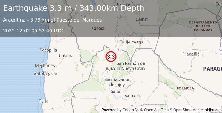 Earthquake JUJUY, ARGENTINA (3.3 m) (2025-12-02 05:52:40 UTC)