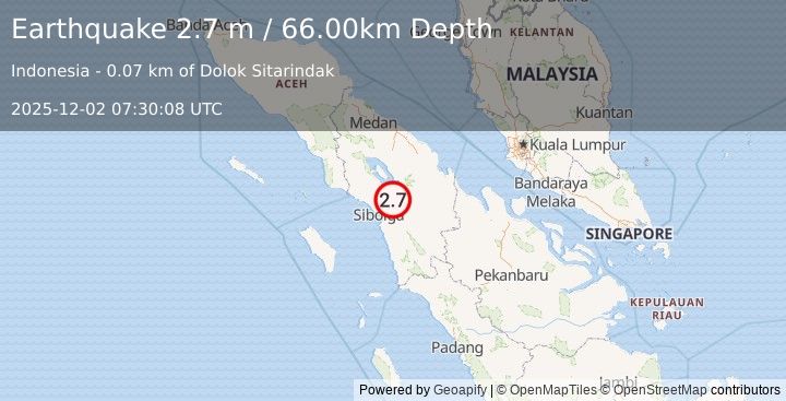 Earthquake NORTHERN SUMATRA, INDONESIA (2.7 m) (2025-12-02 07:30:08 UTC)