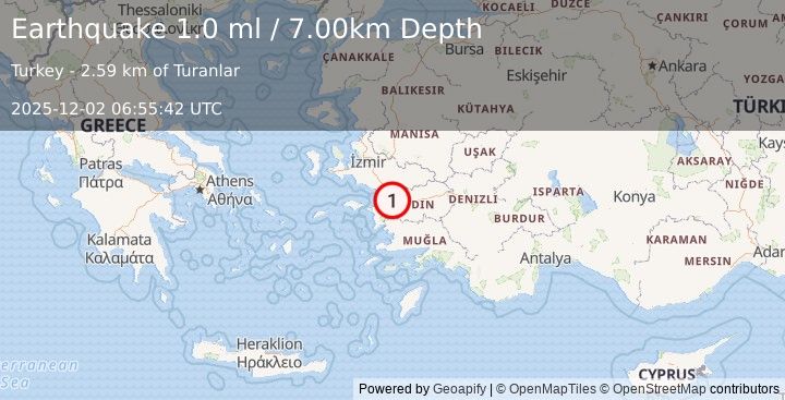 Earthquake WESTERN TURKEY (1.0 ml) (2025-12-02 06:55:42 UTC)