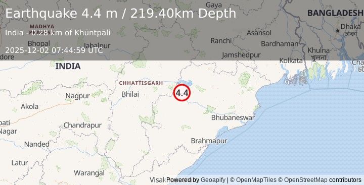 Earthquake CHHATTISGARH-ORISSA BORD., INDIA (4.4 m) (2025-12-02 07:44:59 UTC)