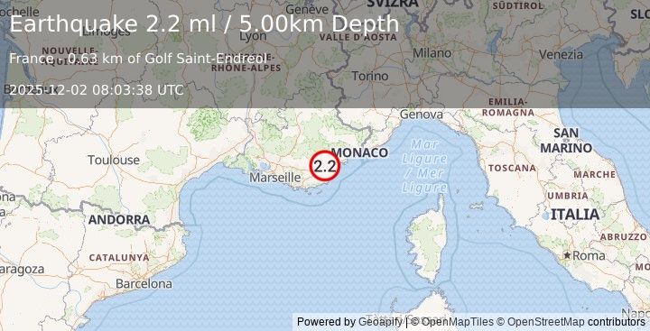 Earthquake NEAR SOUTH COAST OF FRANCE (2.2 ml) (2025-12-02 08:03:38 UTC)