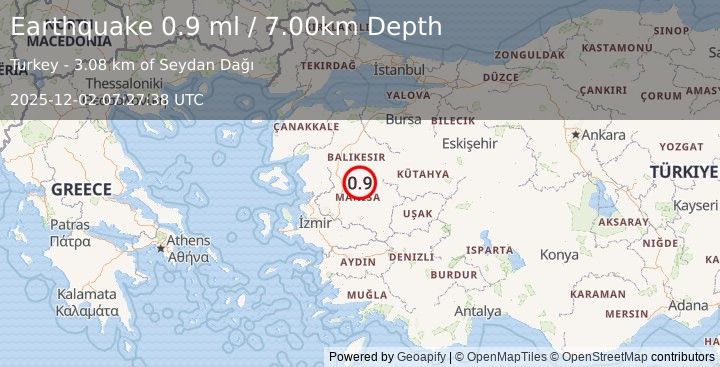 Earthquake WESTERN TURKEY (0.9 ml) (2025-12-02 07:27:38 UTC)