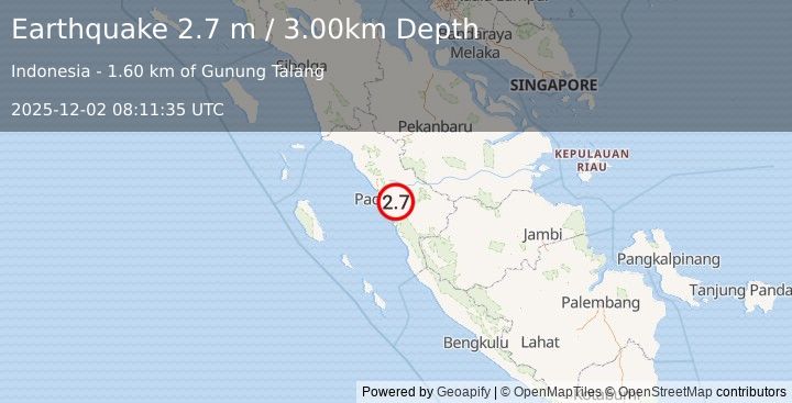 Earthquake SOUTHERN SUMATRA, INDONESIA (2.7 m) (2025-12-02 08:11:35 UTC)