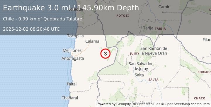 Earthquake ANTOFAGASTA, CHILE (3.0 ml) (2025-12-02 08:20:48 UTC)