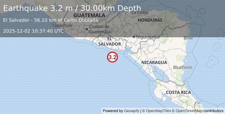 Earthquake OFFSHORE EL SALVADOR (3.2 m) (2025-12-02 10:37:40 UTC)
