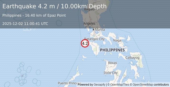 Earthquake MINDORO, PHILIPPINES (4.2 m) (2025-12-02 11:00:41 UTC)