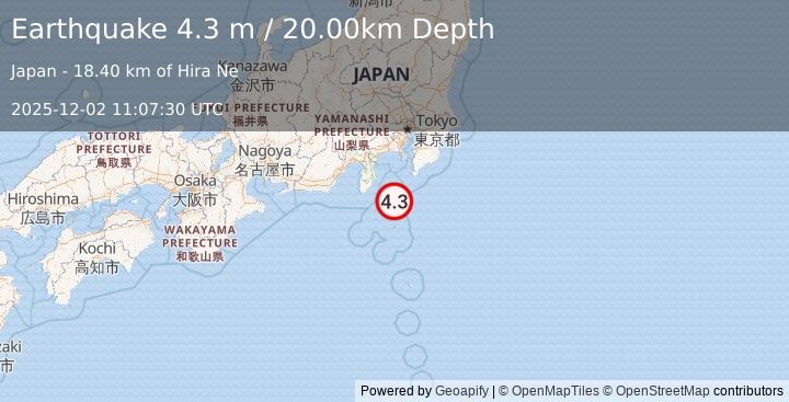 Earthquake NEAR S. COAST OF HONSHU, JAPAN (4.3 m) (2025-12-02 11:07:30 UTC)