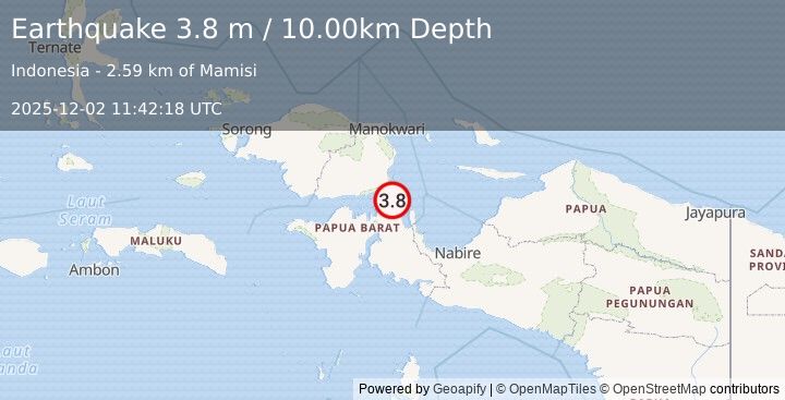 Earthquake NEAR N COAST OF PAPUA, INDONESIA (3.8 m) (2025-12-02 11:42:18 UTC)