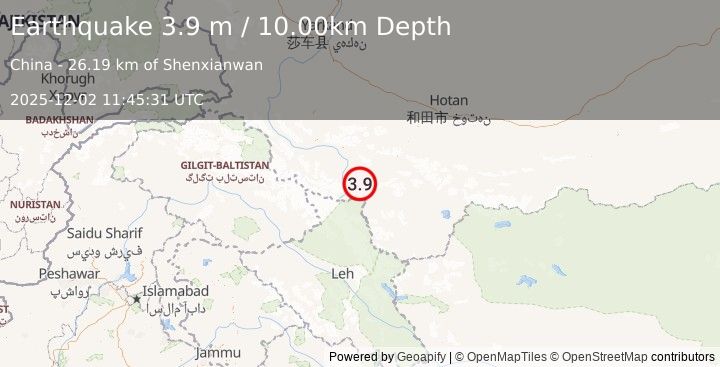 Earthquake KASHMIR-XINJIANG BORDER REGION (3.9 m) (2025-12-02 11:45:31 UTC)