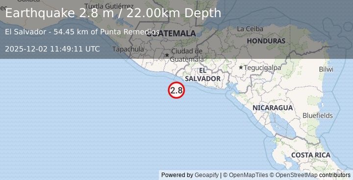 Earthquake OFFSHORE EL SALVADOR (2.8 m) (2025-12-02 11:49:11 UTC)