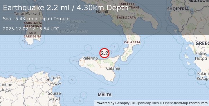Earthquake SICILY, ITALY (2.2 ml) (2025-12-02 12:15:54 UTC)