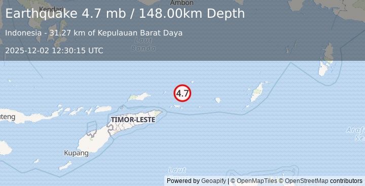 Earthquake KEPULAUAN BARAT DAYA, INDONESIA (4.7 mb) (2025-12-02 12:30:15 UTC)