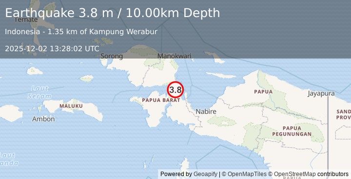 Earthquake NEAR N COAST OF PAPUA, INDONESIA (3.8 m) (2025-12-02 13:28:02 UTC)
