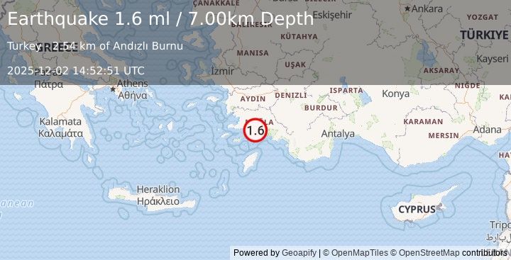 Earthquake DODECANESE IS.-TURKEY BORDER REG (1.6 ml) (2025-12-02 14:52:50 UTC)