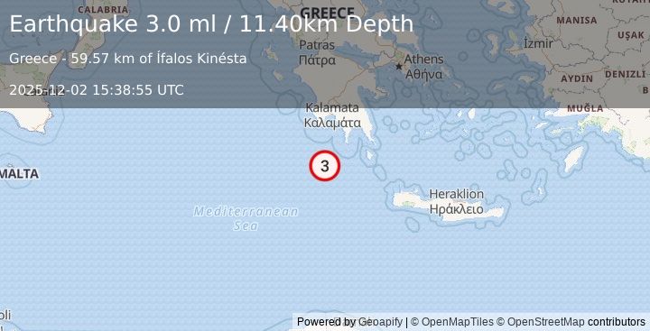 Earthquake SOUTHERN GREECE (3.0 ml) (2025-12-02 15:38:55 UTC)