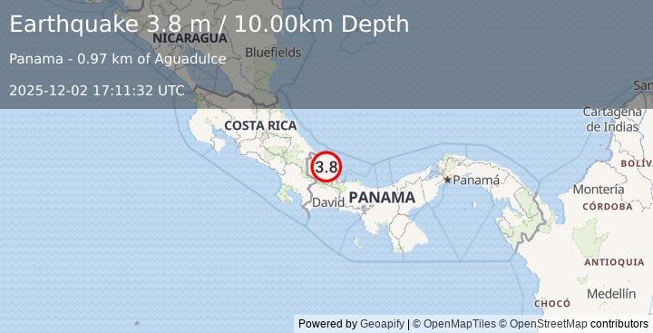 Earthquake PANAMA-COSTA RICA BORDER REGION (3.8 m) (2025-12-02 17:11:32 UTC)