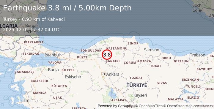 Earthquake CENTRAL TURKEY (3.8 ml) (2025-12-02 17:32:05 UTC)