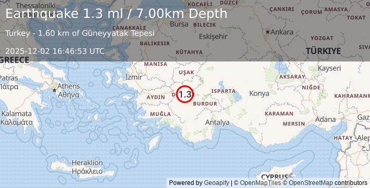 Earthquake WESTERN TURKEY (1.3 ml) (2025-12-02 16:46:52 UTC)