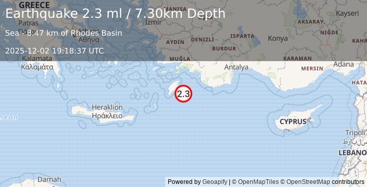 Earthquake EASTERN MEDITERRANEAN SEA (2.3 ml) (2025-12-02 19:18:37 UTC)