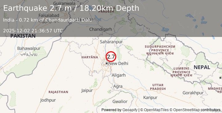 Earthquake HARYANA-UTTAR PRADESH REG, INDIA (3.2 m) (2025-12-02 21:36:52 UTC)
