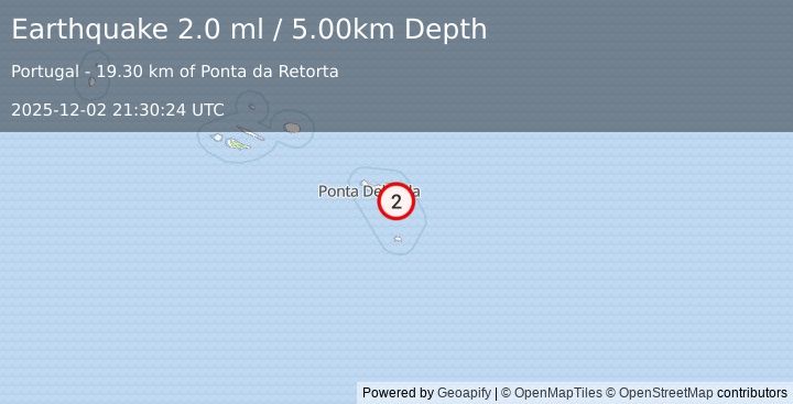 Earthquake AZORES ISLANDS, PORTUGAL (2.0 ml) (2025-12-02 21:30:24 UTC)