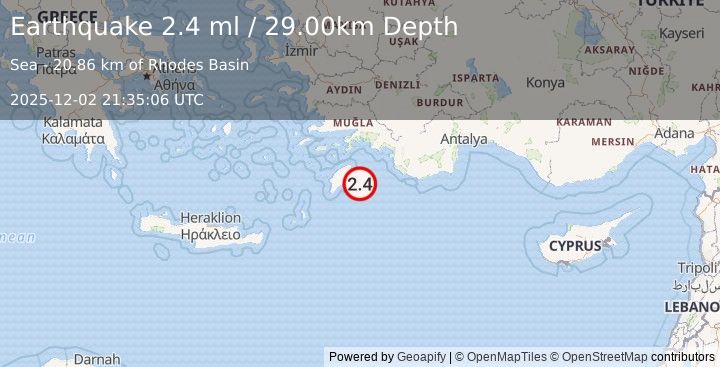 Earthquake DODECANESE IS.-TURKEY BORDER REG (2.4 ml) (2025-12-02 21:35:06 UTC)
