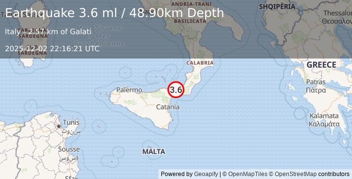 Earthquake SICILY, ITALY (3.6 ml) (2025-12-02 22:16:21 UTC)
