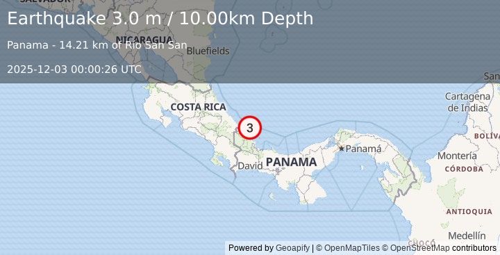 Earthquake PANAMA-COSTA RICA BORDER REGION (3.0 m) (2025-12-03 00:00:26 UTC)