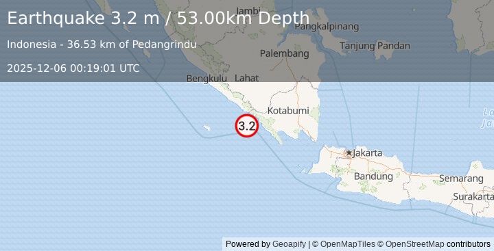 Earthquake SOUTHERN SUMATRA, INDONESIA (3.2 m) (2025-12-06 00:19:01 UTC)