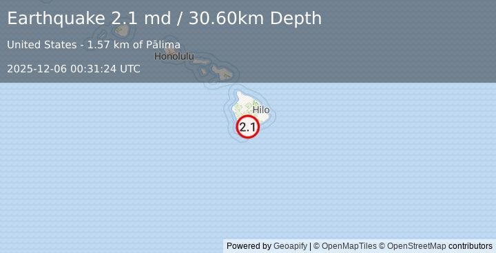 Earthquake ISLAND OF HAWAII, HAWAII (2.1 md) (2025-12-06 00:31:24 UTC)