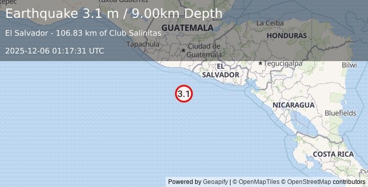 Earthquake OFF THE COAST OF EL SALVADOR (3.2 m) (2025-12-06 01:17:33 UTC)