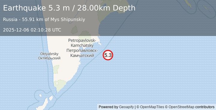Earthquake OFF EAST COAST OF KAMCHATKA (5.1 mb) (2025-12-06 02:10:27 UTC)